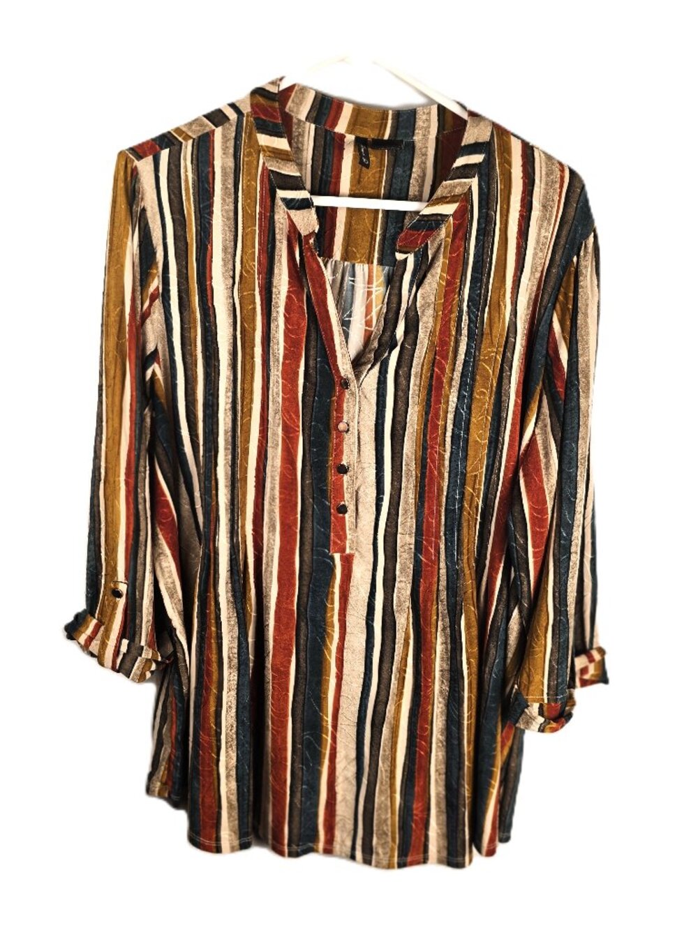 New Directions Curvy Womens Tunic Top 3X Rust Vertical Stripes Roll-Tab Sleeves
